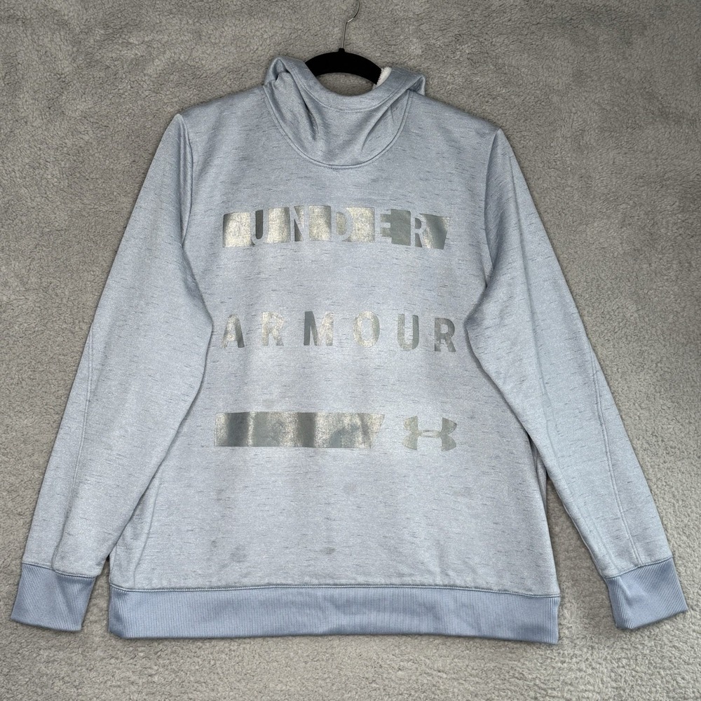 Under Armour ColdGear Women XL Blue Heathered Sherpa Lined Hoodie Metallic Logo